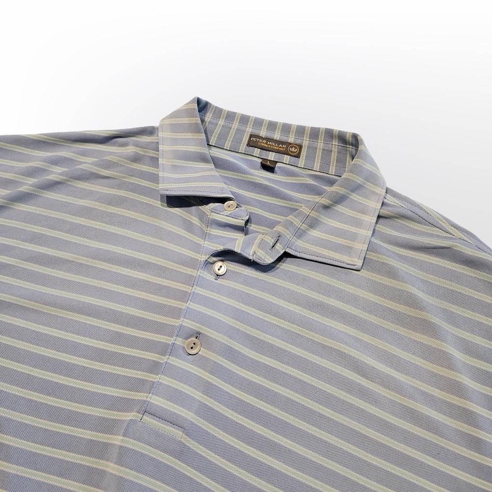 Peter Millar Summer Comfort Polo Shirt Blue Striped Mens Large Golf Stretch